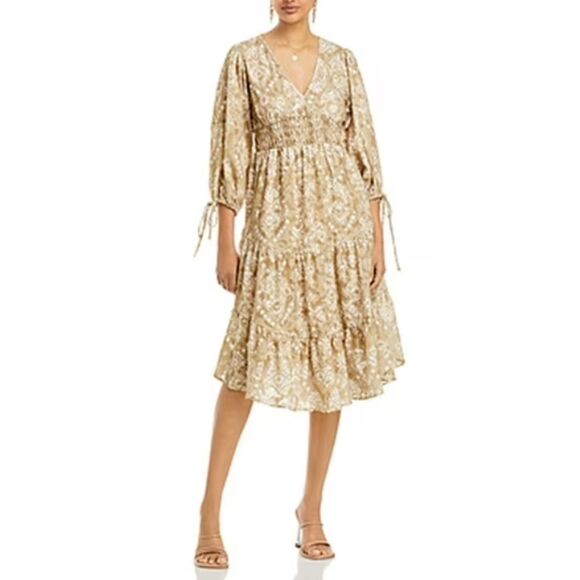 Cupio Orla V Neck Smocked Dress Women's Size Small Tan Casual Style NWT - Picture 1 of 12